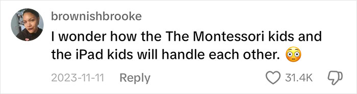 Comment discussing iPad kids and Montessori kids, questioning their interaction.