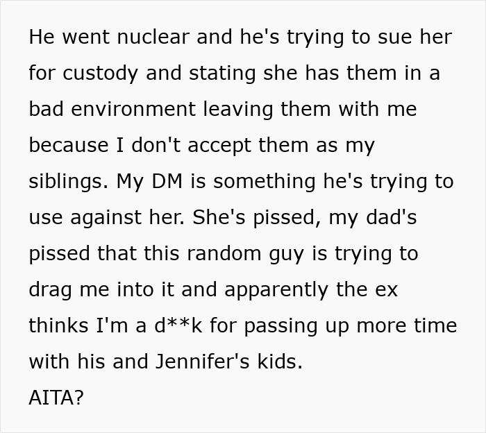 Text about teen refusing to babysit dad's girlfriend's kids, leading to conflict with her ex. Text about teen refusing to babysit dad's girlfriend's kids, leading to conflict with her ex.