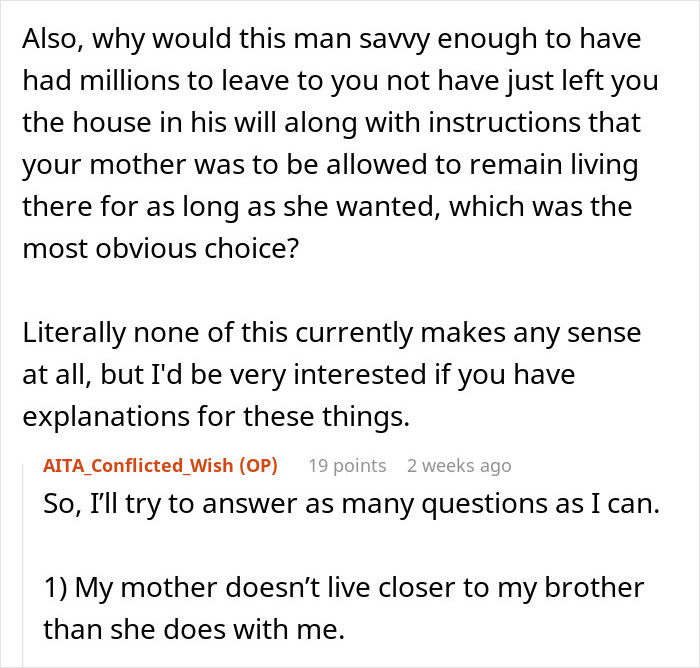 Online forum discussing inheritance issues and mother's decision to favor brother.