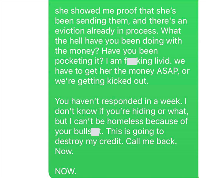 Text message about stolen rent money, showing anger and eviction threat. Text message about stolen rent money, showing anger and eviction threat.