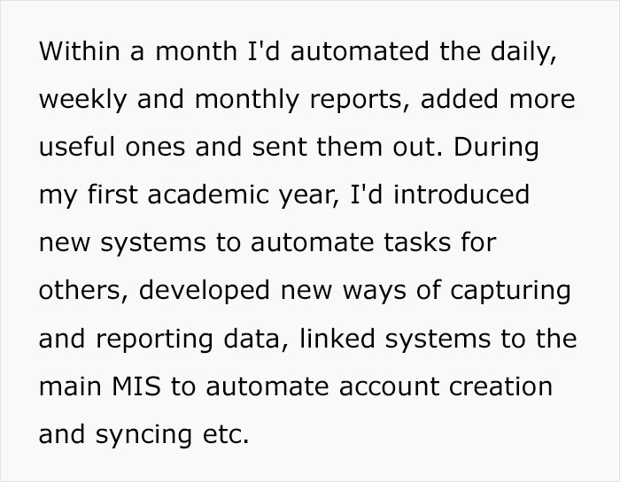 Text excerpt about a woman automating her job tasks to optimize workflows and improve efficiency.