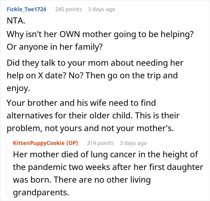 Discussion about mom's refusal to cancel cruise for DIL's early birth, comments on responsibility for older child care.