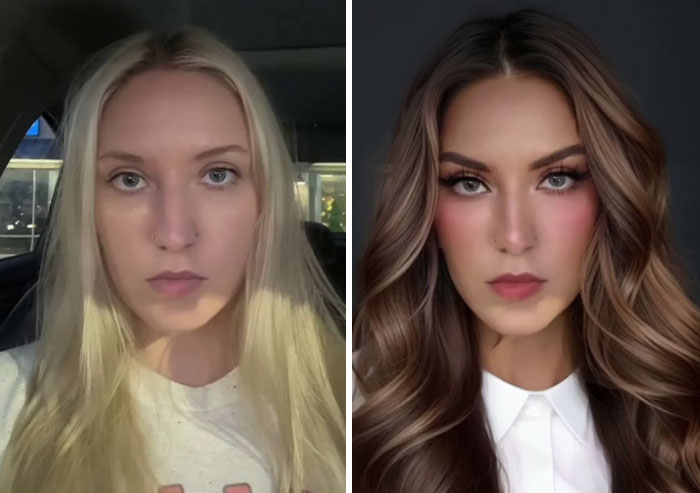 Digital makeover by content creator showing before and after transformation of a woman's hairstyle and makeup.