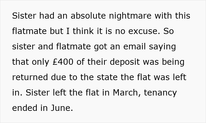 Text discussing deposit refund dispute between college roommates over apartment mess.