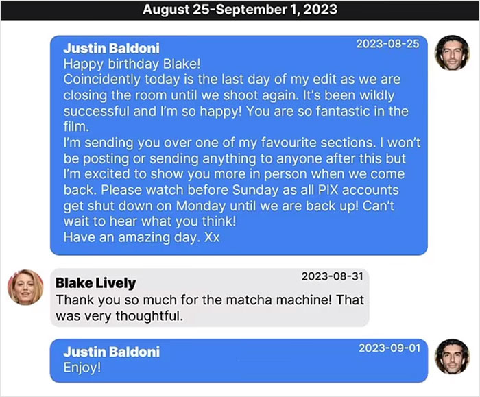 Texts from Justin Baldoni to Blake Lively, related to "fat-shaming" accusations.