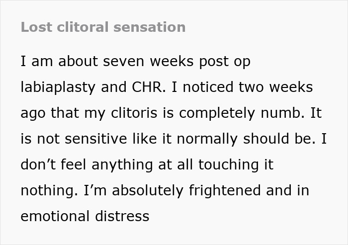 Text about a woman's experience with lost clitoral sensation post-procedure. Text about a woman's experience with lost clitoral sensation post-procedure.