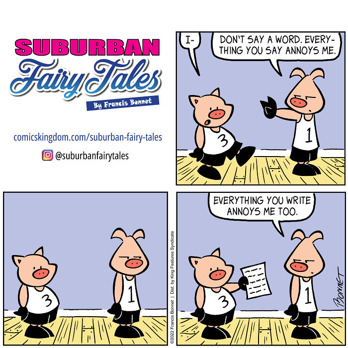 Comic strip featuring two pigs in sports jerseys, illustrating a relationship disaster from a pig's perspective.