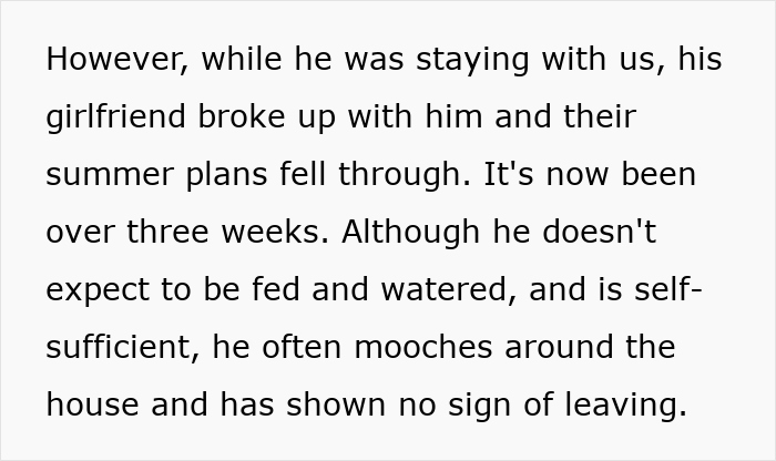 Text describing a heartbroken friend who is staying in the house, often mooching around without signs of leaving.