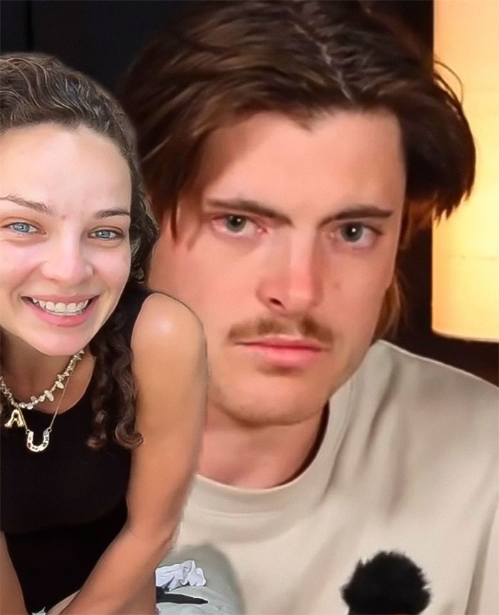 Man appearing emotional next to smiling woman; "Not All Men" podcast discussion context.