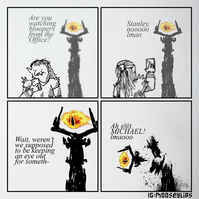 Comic strip by Mooseylips featuring a parody of "The Office" with characters reacting humorously to the Eye of Sauron.