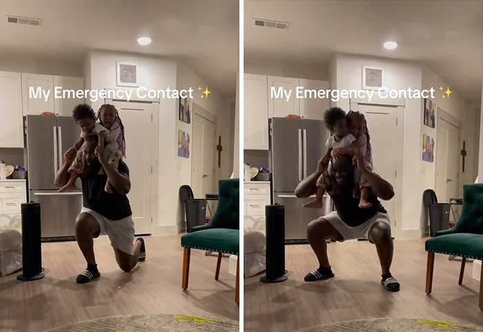 Man playing with two kids on his shoulders in a living room, captioned "My Emergency Contact."