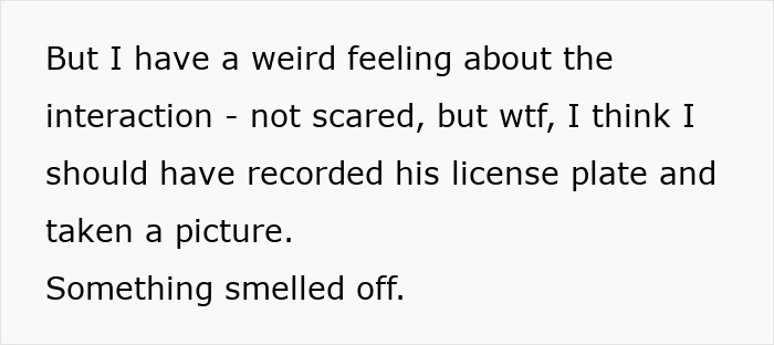 Text about feeling suspicious during a tire scam interaction.