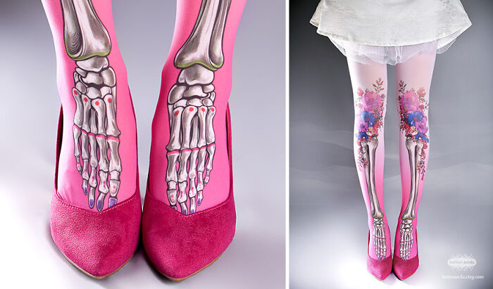 Unique tattoo tights with skeleton and floral designs in pink, paired with matching heels.