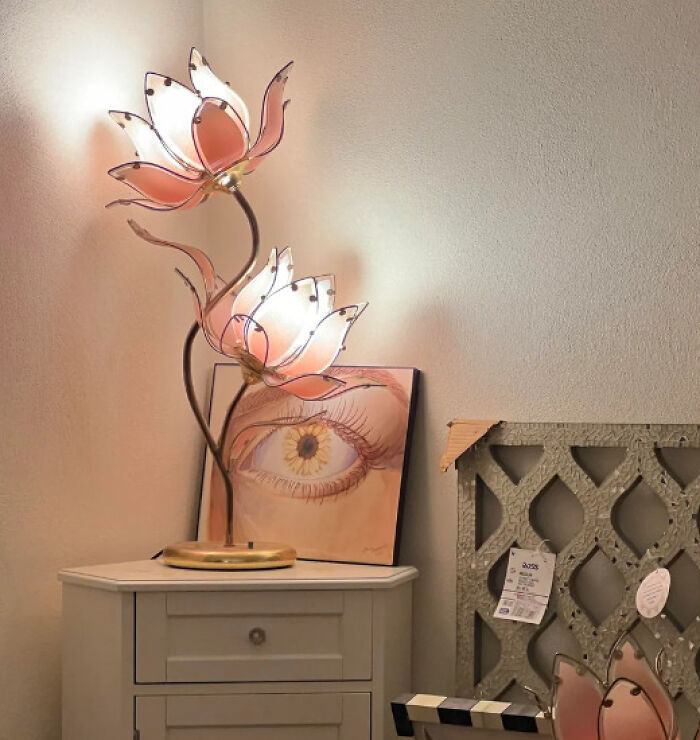 Thrifting find: unique lotus flower lamp and eye artwork on a white cabinet, creating a stylish and artistic decor.