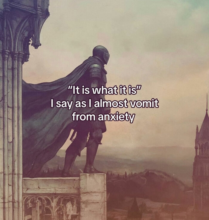 Knight with cloak stands on ledge with text "It is what it is" expressing mental health meme about anxiety.
