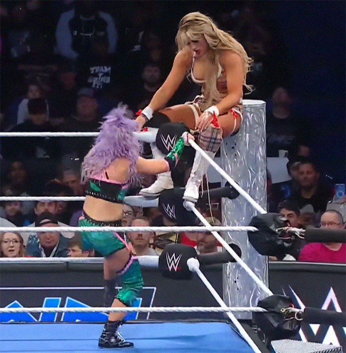 Two WWE stars in the ring, one seated on the turnbuckle, during a live broadcast match. Two WWE stars in the ring, one seated on the turnbuckle, during a live broadcast match.