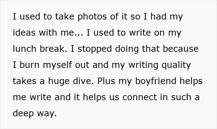 Text excerpt about novel planning and relationship dynamics, discussing writing habits and emotional connections.