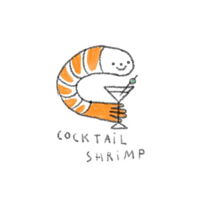 Animal-themed illustration of a smiling shrimp holding a cocktail, labeled "Cocktail Shrimp."