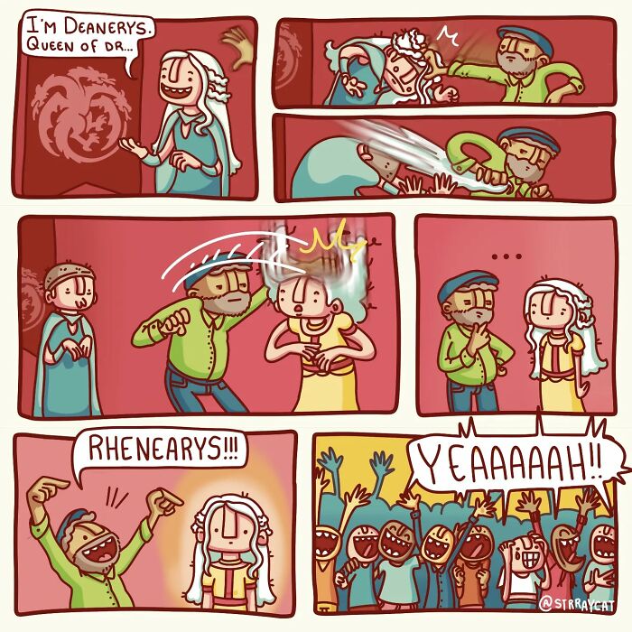 Sarcastic comic strip featuring a humorous scene with a twist, involving a character introduced as the queen.