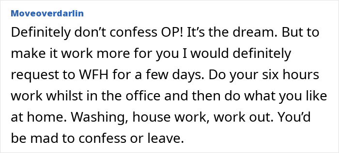 Text from a user advising not to confess about automating a job, suggesting remote work instead.