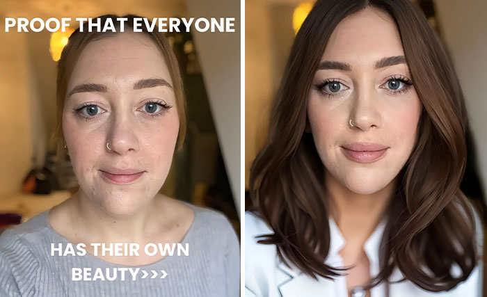 Digital makeover by content creator showing transformation of a woman's appearance, with text emphasizing inner beauty.