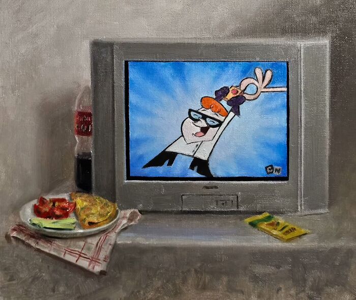 Oil painting depicting 1990s nostalgia with a cartoon on an old TV, a soda bottle, and a plate of snacks nearby.