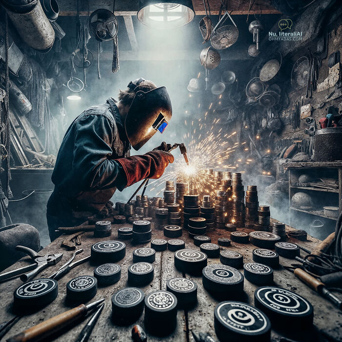 Welder in a workshop surrounded by gears and tools, creating sparks; linked to funny Lithuanian idioms.