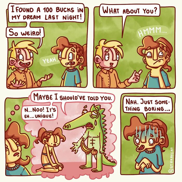 Sarcastic comic depicting a humorous dream conversation with a twist ending involving a bizarre creature.