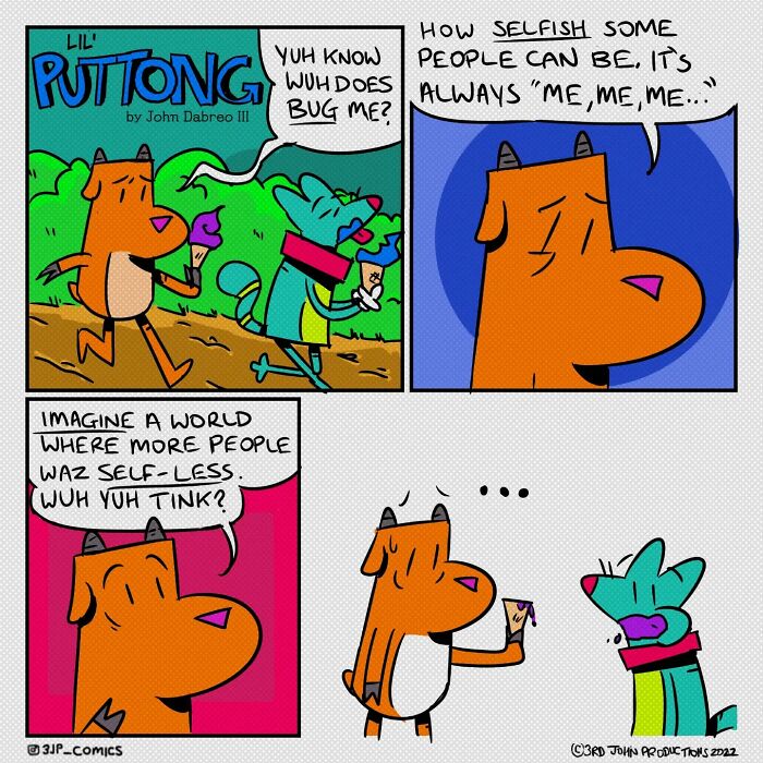 Two cartoon animals in a Caribbean webcomic share thoughts on selflessness and humor in island life.