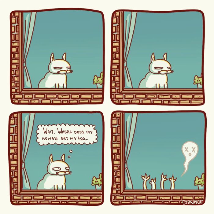 Cat comic with sarcastic twist shows cat pondering food source, ending with ghostly revelation in four panels.
