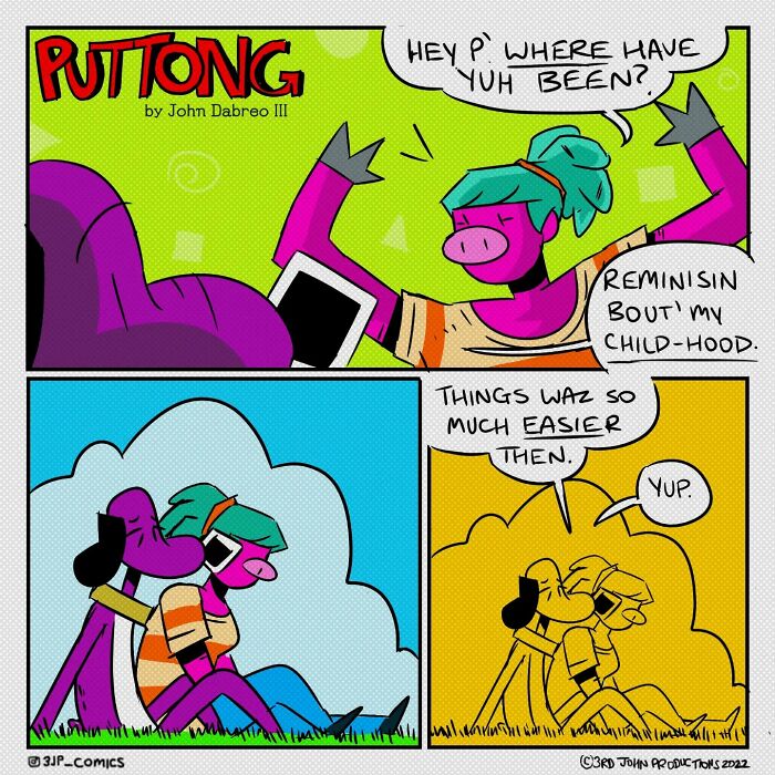 Colorful Caribbean webcomic characters reminiscing about childhood, showcasing island life humor in three panels.