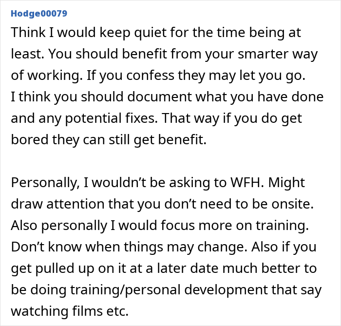 Text discussion about automating work, advising against confessing, suggesting documentation and self-improvement instead.