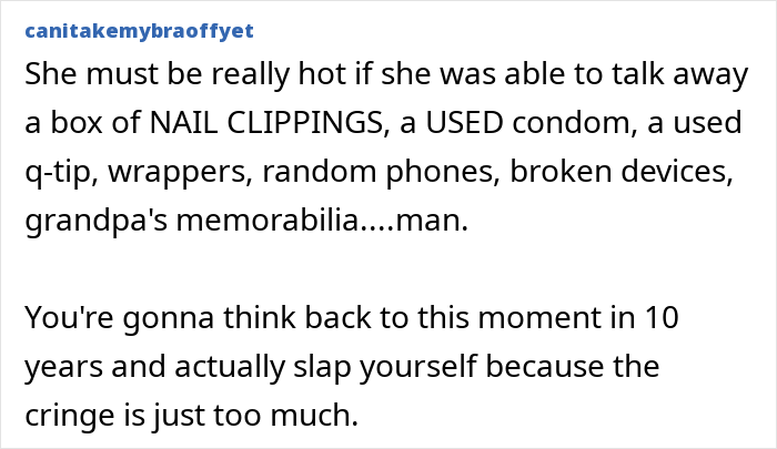 Text post about finding a creepy box in girlfriend's wardrobe with bizarre contents.