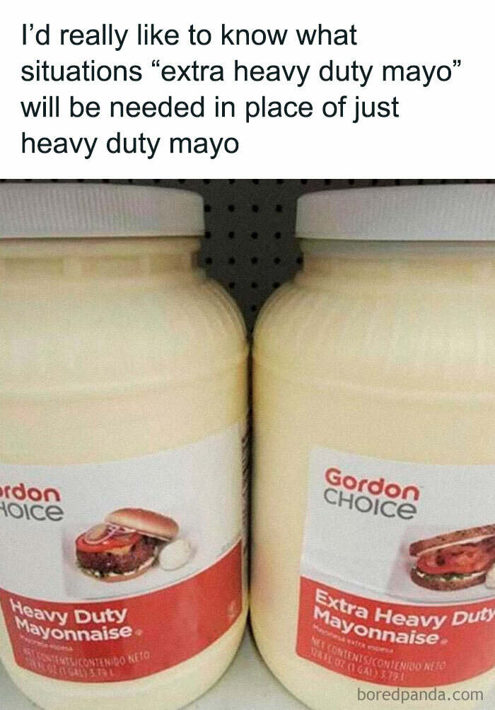 Two large jars of mayonnaise labeled as heavy duty and extra heavy duty for cooking enthusiasts.