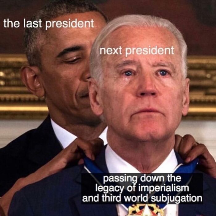 Two men in formal attire in a satirical anti-capitalism post about political legacy.