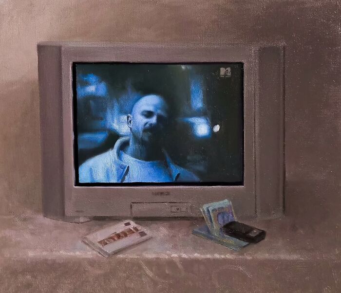 Oil painting depicting Eastern Europe’s nostalgia with an old TV, remote, currency, and mobile phone.