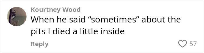 Comment on viral clip about husband&rsquo;s shower routine, reading "When he said 'sometimes' about the pits I died a little inside.