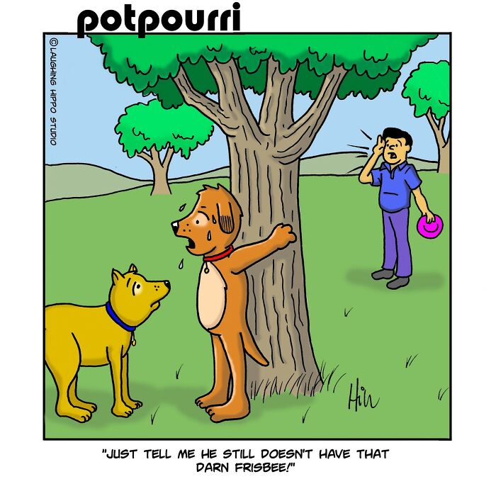 Cartoon by Laughing Hippo Studio: Two dogs in a park, one tied to a tree. Man in background holding a frisbee.