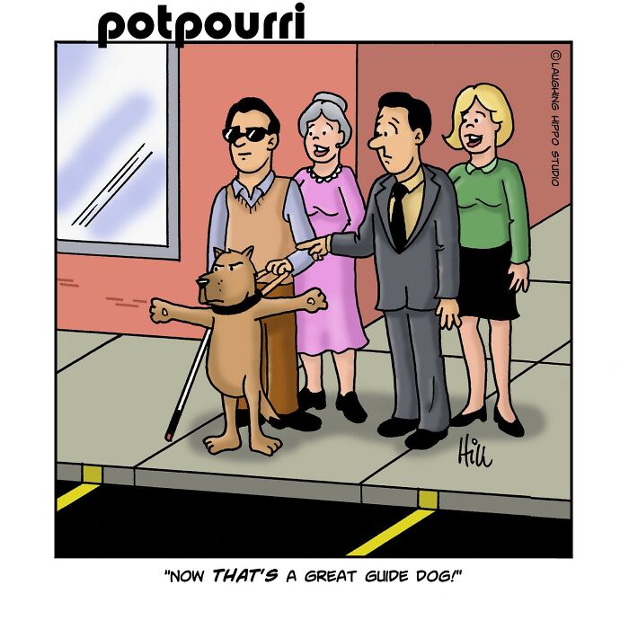 Cartoon of a dog acting as a guide, humorously pointing the way for people at Laughing Hippo Studio.