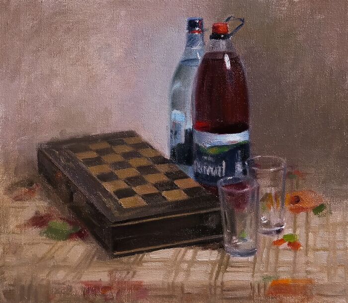 Oil painting portraying Eastern European nostalgia with a chessboard, bottles, and glasses on a patterned tablecloth.