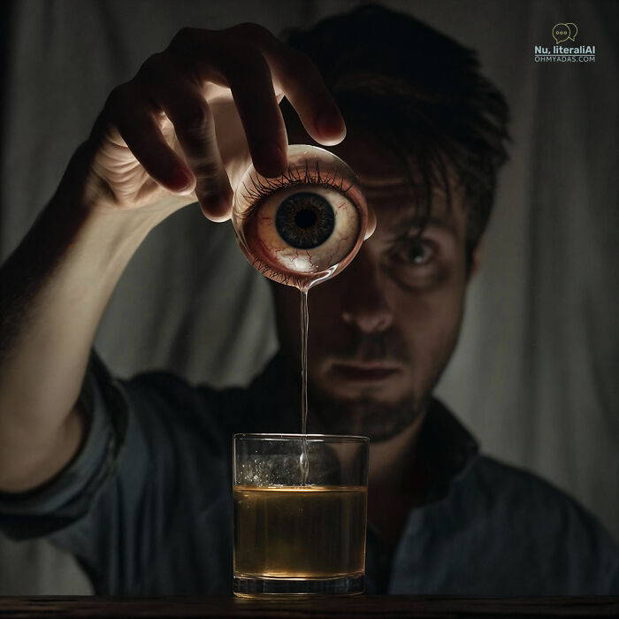 Man humorously pouring an eyeball into a glass, illustrating funny native idioms with a surreal twist.