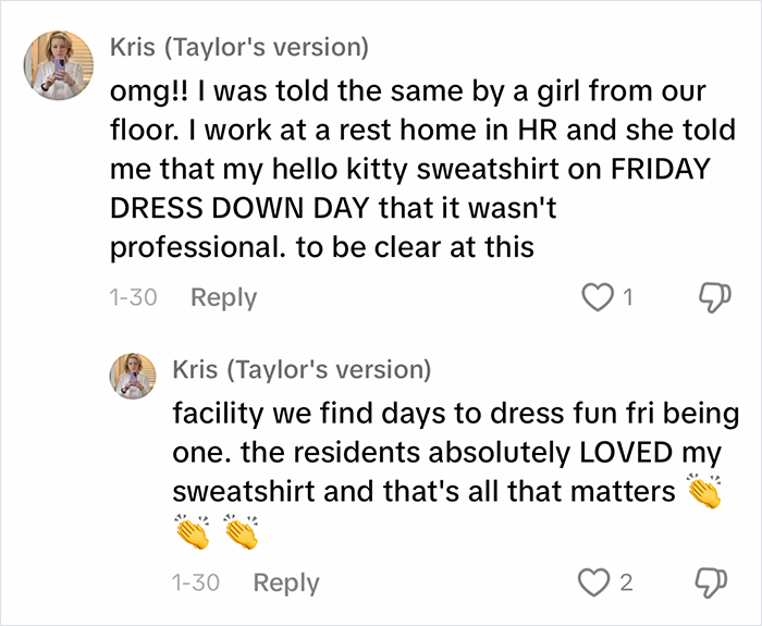 Conversation about inappropriate outfit, mentioning Hello Kitty sweatshirt on dress down day at work. Conversation about inappropriate outfit, mentioning Hello Kitty sweatshirt on dress down day at work.
