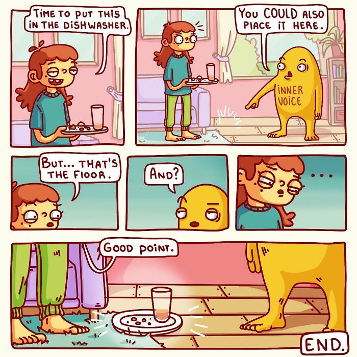 Comic showing sarcastic inner voice convincing a girl to place dishes on the floor instead of the dishwasher.