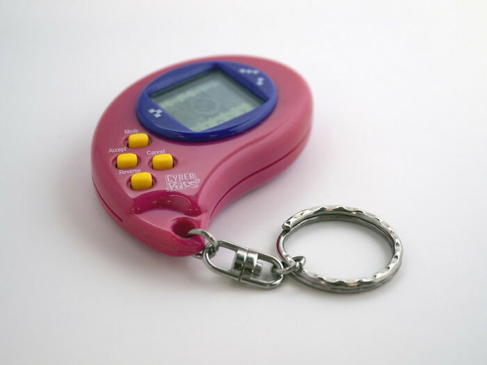 Pink digital keychain pet, reminiscent of nostalgic items gone from reality.