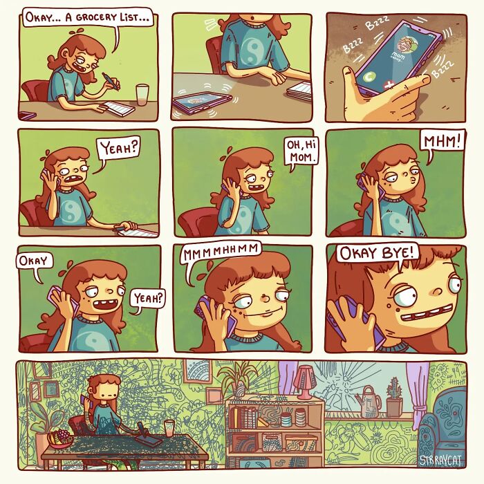 Comic showing a girl distracted by a phone call from her mom while making a grocery list, drawn by an artist with a sarcastic style.