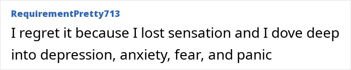 Text expressing regret after a procedure, mentioning loss of sensation and emotional struggles, linked to women’s experiences. Text expressing regret after a procedure, mentioning loss of sensation and emotional struggles, linked to women’s experiences.