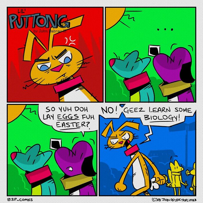 A colorful Caribbean webcomic with animals humorously discussing biology and Easter eggs.