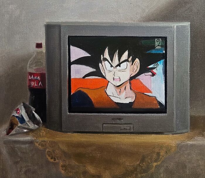 Oil painting of a TV showing an animated character, with a soda bottle and snack nearby, evoking Eastern Europe's nostalgia.