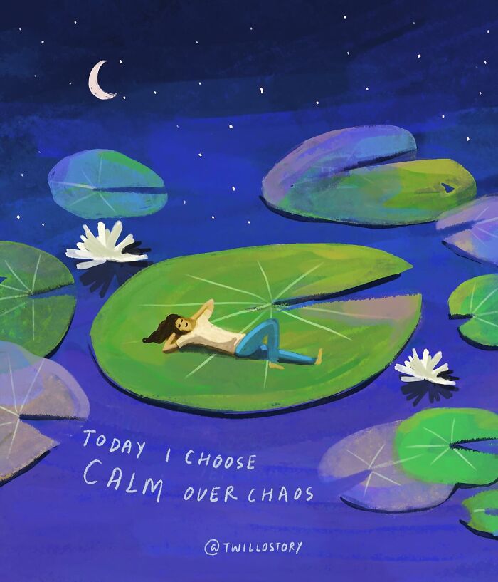 Illustration for mental wellness; person relaxing on a lily pad under a starry sky with "Calm Over Chaos" message.