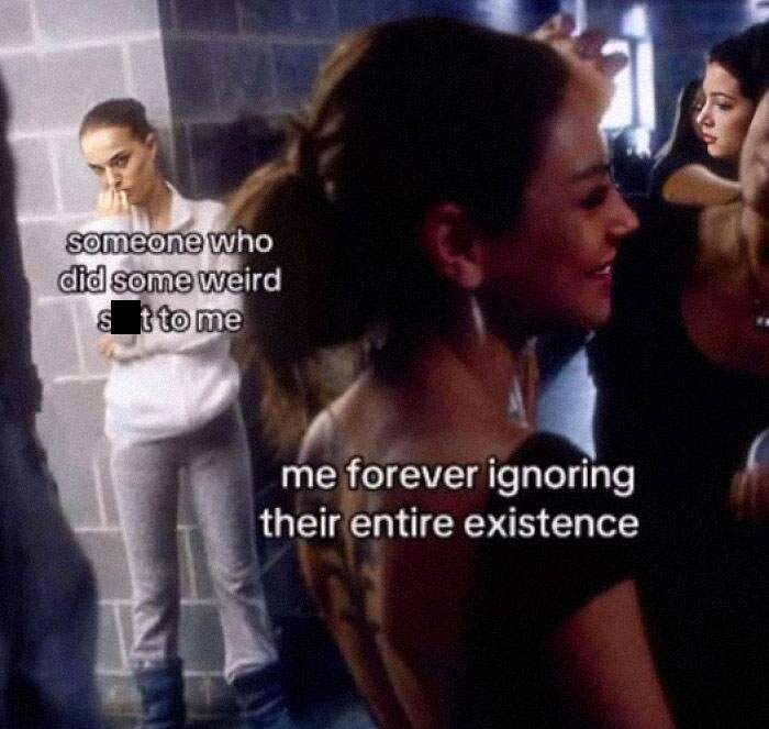 A funny mental health meme showing a woman ignoring another person in the background.